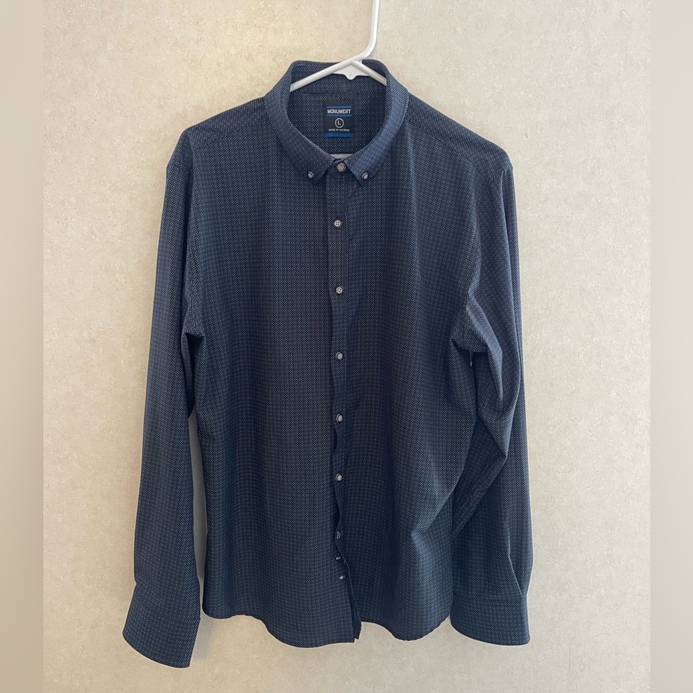 Monument Shirt with Micro Print - Navy Blue - Size L - Long Sleeve button-down